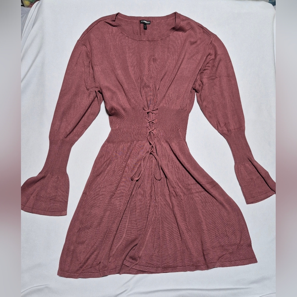 Express Large Sweater Dress Rust Color Lace Up Flare Sleeve